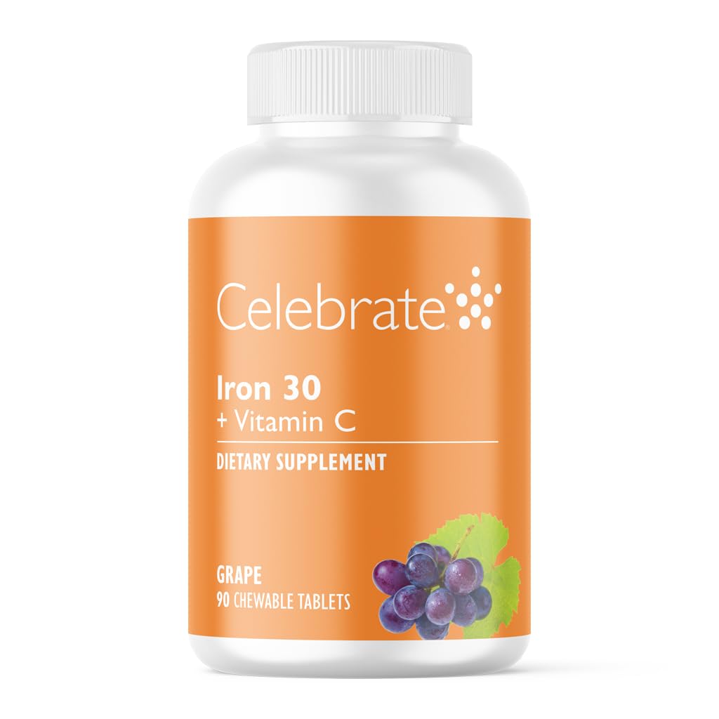 Celebrare Vitamine Ferro Supplemento con Vitamina C - Ferro 30mg, Vitamina C 60mg, Vitamine Bariatrica per pazienti WLS, Manica Verticale & Gastric Bypass Chirurgia – Uva, 90 Compresse Chewable