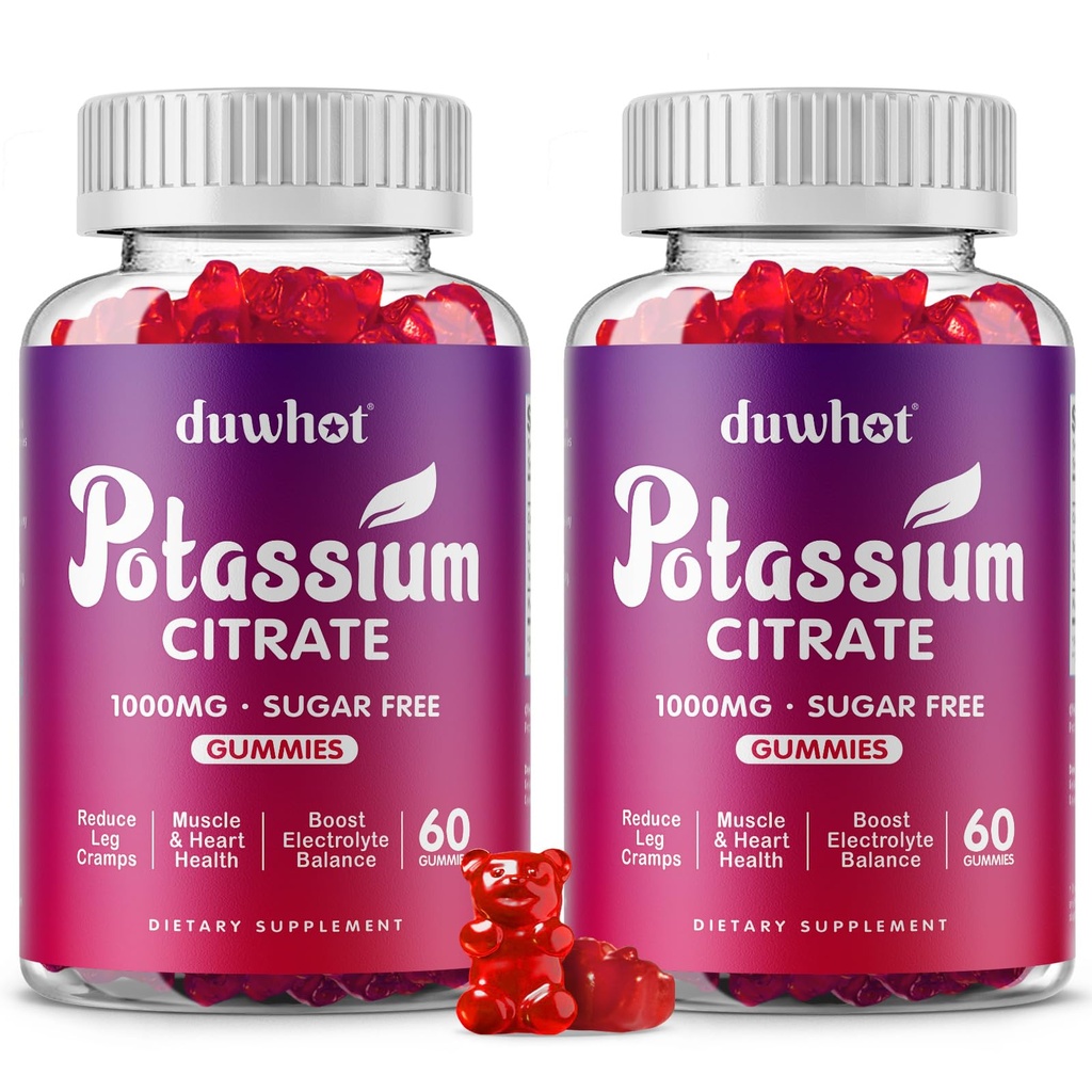 Citrato di potassio 1000mg Gummies, Supplemento di potassio per le donne e gli uomini adulti, Gambe di sostegno & salute del muscolo, 120 Chewables
