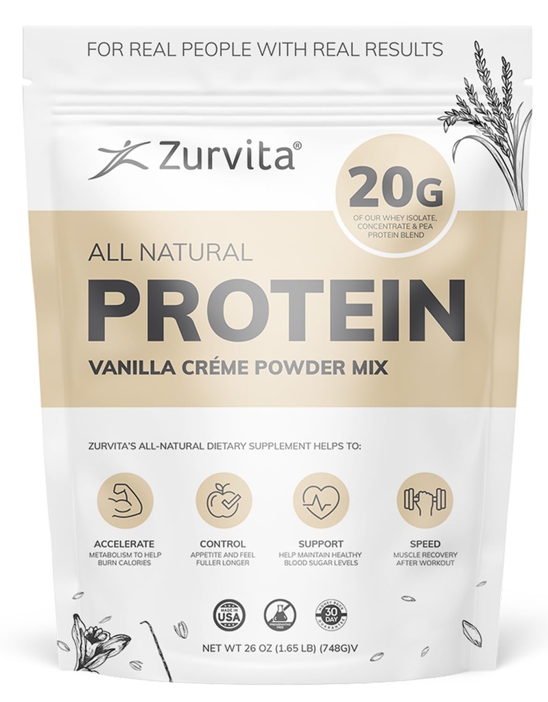 Zurvita - Vanilla Crème Protein Powder- Protein, Probiotics, No Dolcificial, 24+ Vitamine & Minerali, 140 Cal/Scoop - 26oz (20 Serve)