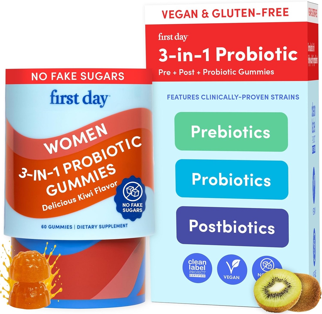 PRIMO GIORNO Donne 3-in-1 Probiotici Gummies – Prebiotico + Probiotico + Supplemento postbiotico – Supporta la salute digestiva e orale, Funzione immunitaria & livelli di energia – alimentazione di 30 giorni
