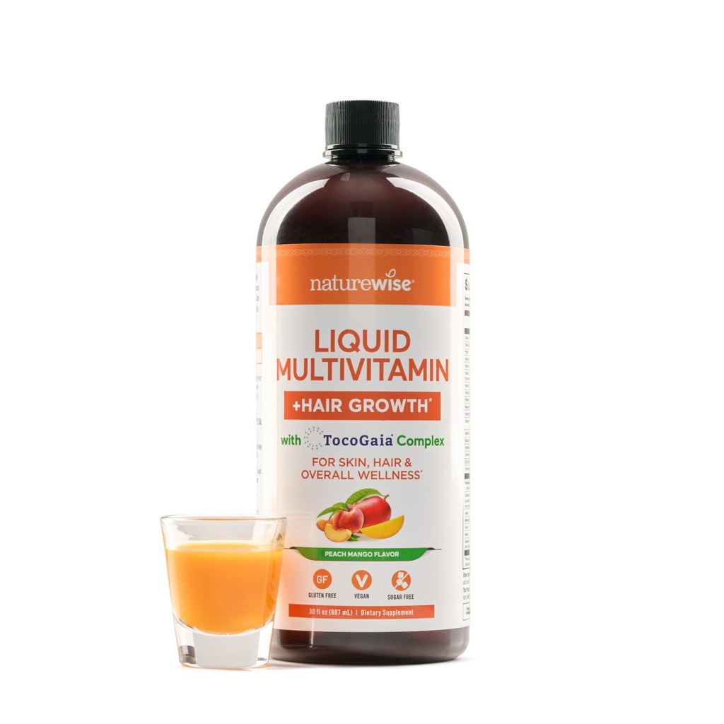 NatureWise Liquid Multivitamin Hair Growth for Women & Men + Tocogaia® for Hair Growth & Skin Elasticity Support + Biotin, Vitamina D, E, B - Sugar Free Multivitamin, Vegan - 30 fl oz[30 Servings]