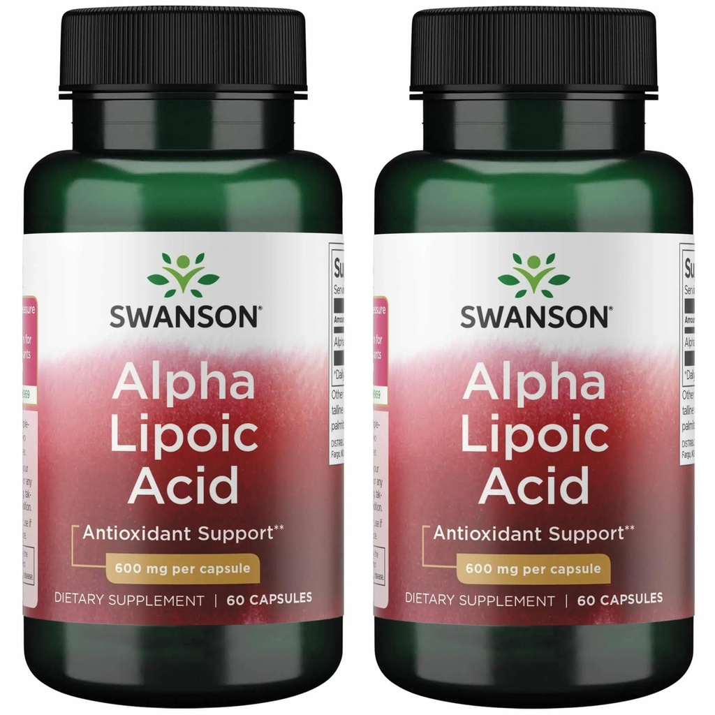 Acido lipoico alfa Swanson - Supplemento naturale che supporta i livelli di pressione sanguigna sani già all'interno di una gamma normale - promuove il metabolismo dei carboidrati - (60 capsule, 600 mg ogni) (2 pacchetto)