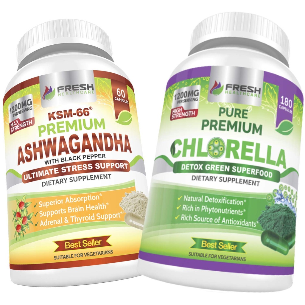 FRESH HEALTHCARE Ashwagandha KSM 66 e Chlorella Detox Superfood - Bundle