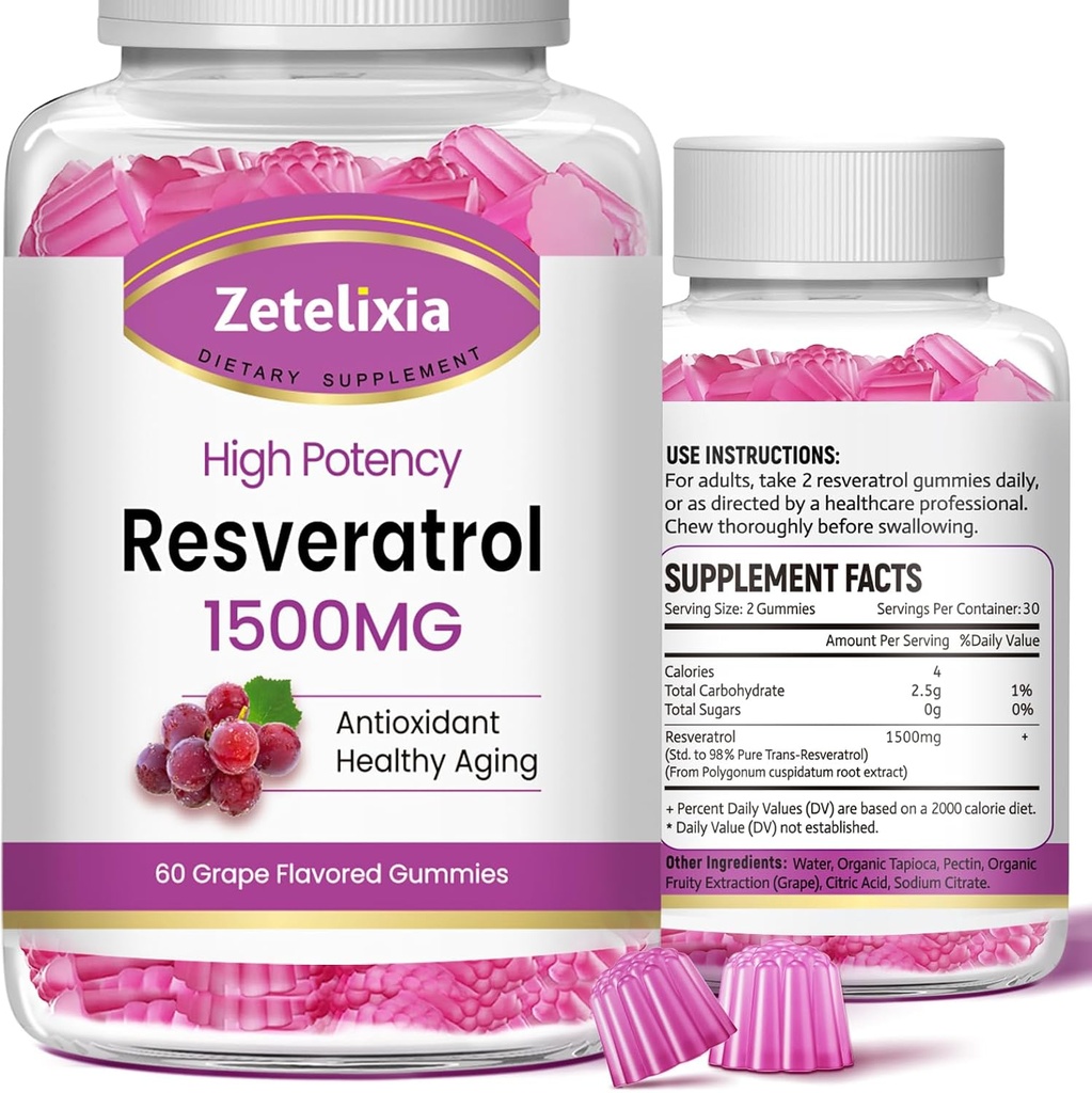 Gummie di resveratrolo senza zucchero - Supplemento di resveratrolo ad alta purezza per l'invecchiamento antiossidante, sano, pelle, cervello, organico - 120 Gummies