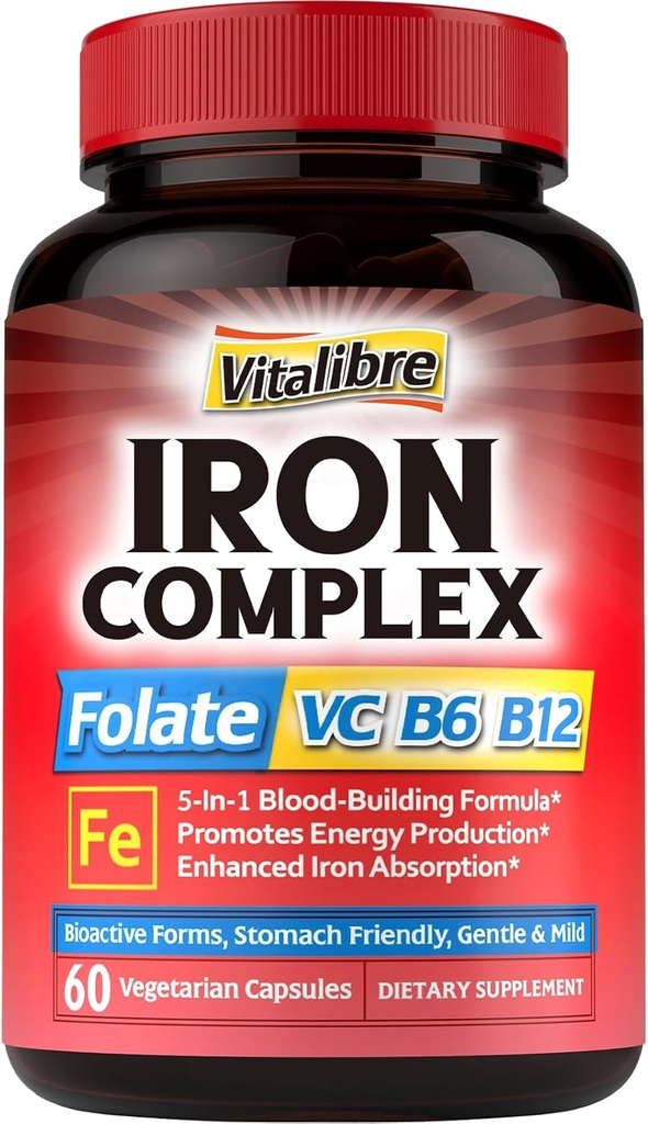 Supplemento complesso di ferro 60 capsule & 6 in 1 Magnesio supplemento complesso 120 capsule, non OGM, senza glutine