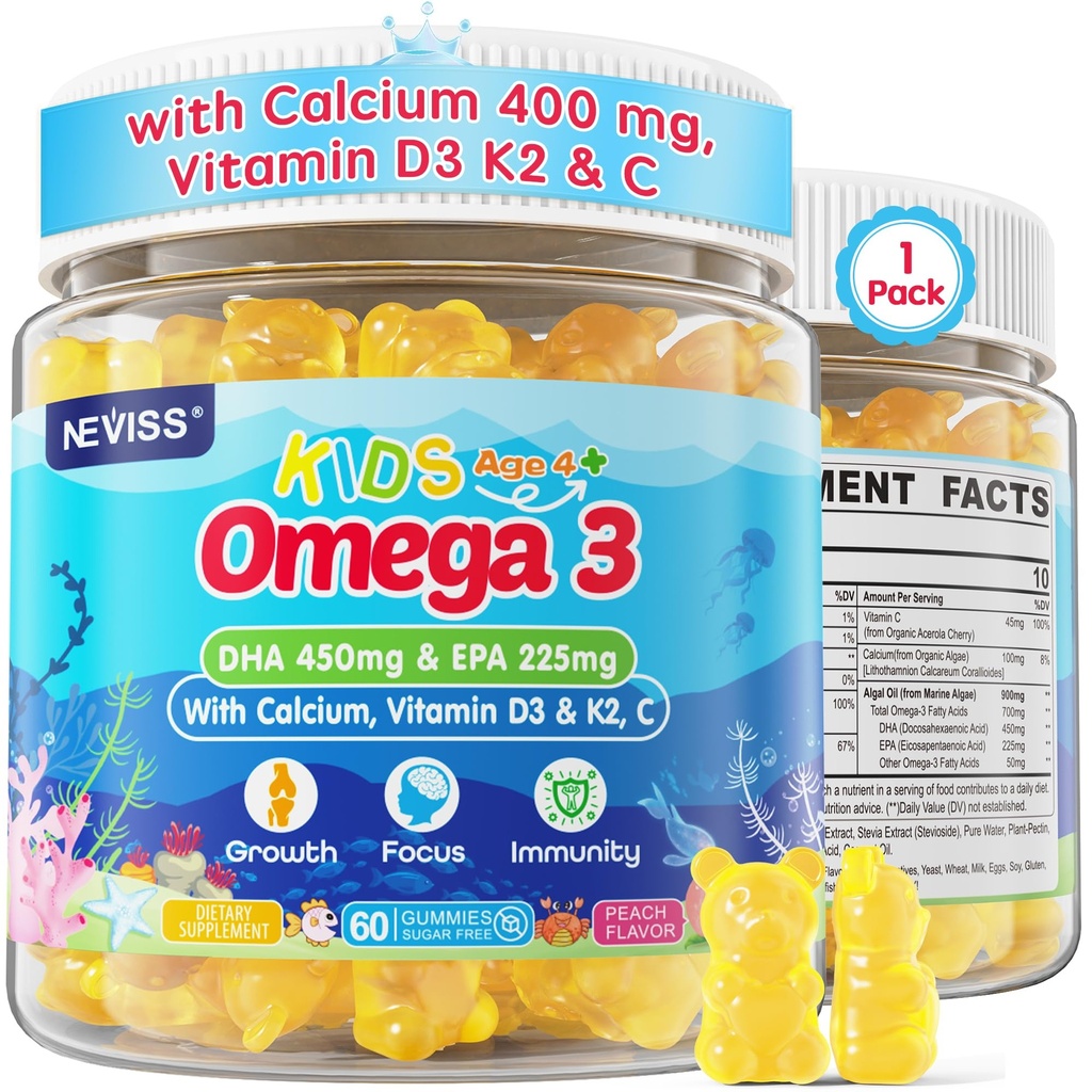 Bambini Omega 3 Gummies + Calcio 400mg + Vitamina D3 K2 + C, Omega-3 DHA & EPA Supplemento - No Fish Burps, No Sugar - Bambini & adolescenti Omḛga 3 + Multivitamin Gummy per le ossa forti, cervello, immunitario, occhio, 60Cts