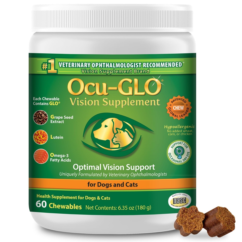 Ocu-GLO Cat & Dog Senior Supplemento per il supporto agli occhi - Integratori di vitamine per la visione masticabile per la cura di animali grandi e piccoli con Lutein, acidi grassi Omega-3, estratto di semi di uva e antiossidanti