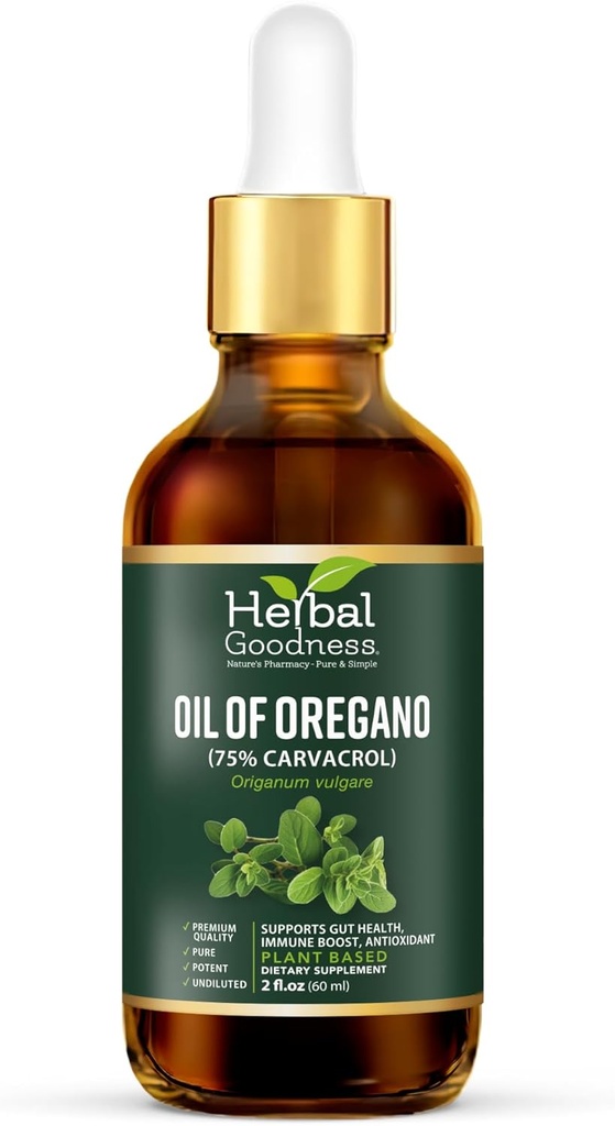 Olio di Bontà Erba di Oregano Gocce 2 Fl. oz – 75% Carvacrol con Olio di Oliva Vergine, Olio di origano per il Supporto Immune & Salute Digestiva, Oli essenziali per la pelle, Aceite de Oregano