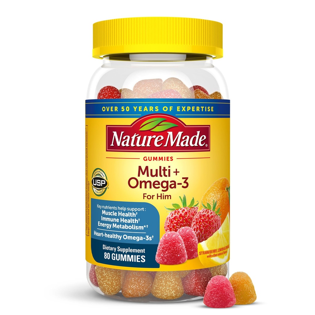 Natura Made Mens Multivitamin Gummies con Omega-3, Mens Gummy Multivitamins per il supporto nutrizionale giornaliero, 80 Gummy Vitamins and Minerals, alimentazione di 40 giorni