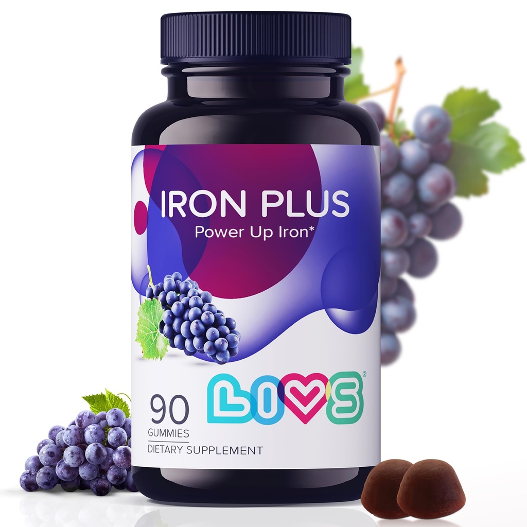 Integratore di ferro LIVS per le donne e gli uomini con vitamina C, A, B3, B5, B6, B12, Biotina, Zinc & Folate | Non OGM, Gluten Free Chewable Supplement as Gummy for Energy Boost & Anemia Support - 90 Count
