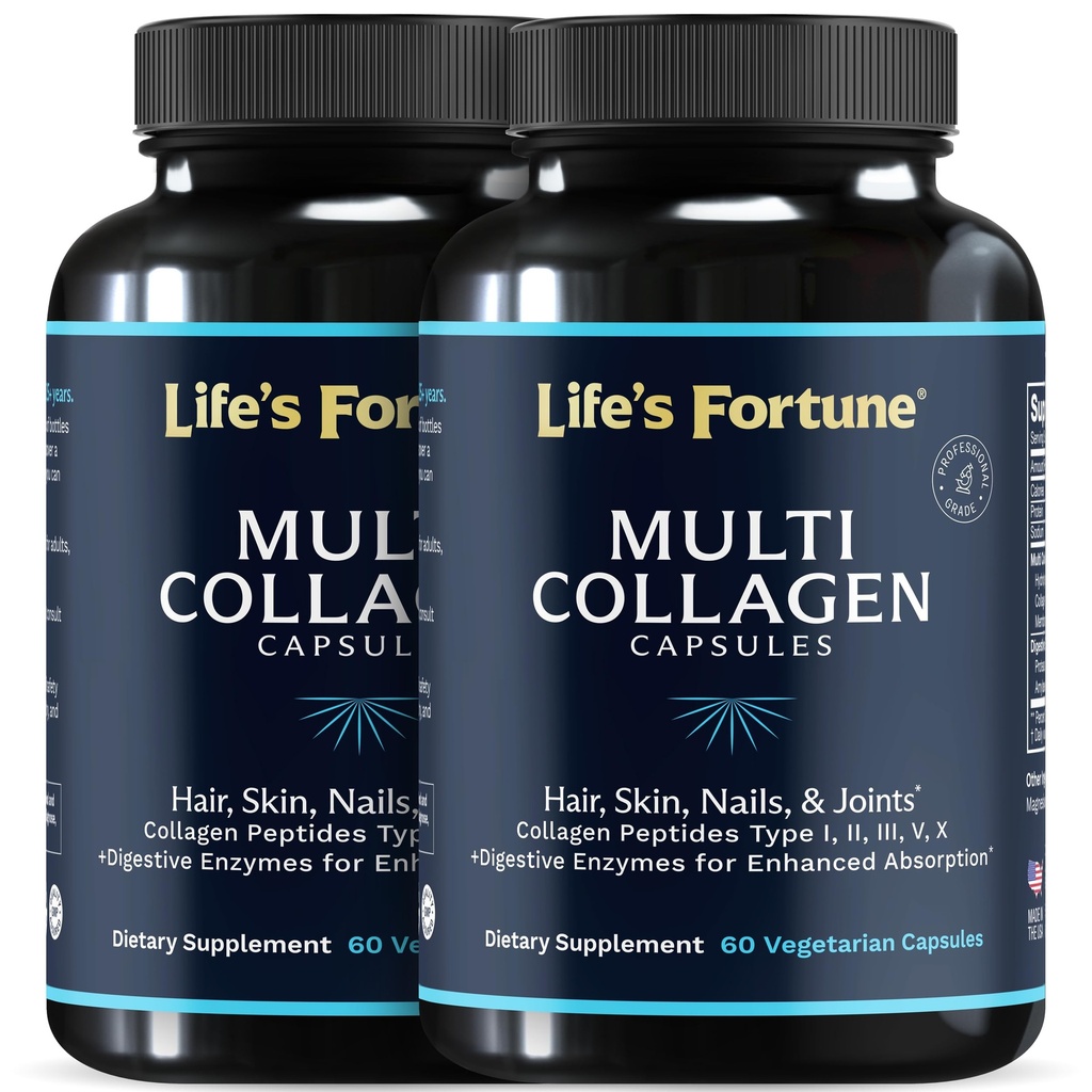 Multi Collagen Peptides tipi I, II, III, V & X capsule proteiche idrolizzate – Grass-Fed, Blend with Digestive Enzyme – per pelle, capelli, unghie, articolazioni & salute del fegato, non aromatizzato (60 conteggio (pacchetto di 2))