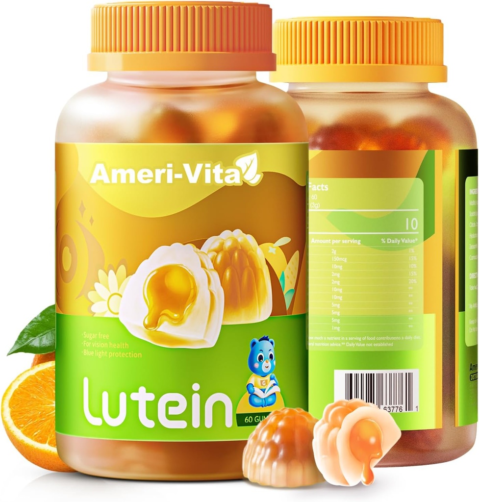 Zucchero Lutein 5mg Gummies per la salute degli occhi: con 1mg Zeaxanthin, Lutein Supplementi Occhi Vitamine di Gummies Filled Lutein Supplemento per Visione e protezione della luce blu, aroma d'arancia, 60 Conte