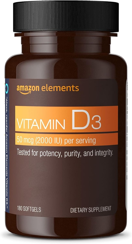 Elementi Vitamina D3, 2000 IU, 180 Softgels, 6 mesi di fornitura (Packaging può variare), Supporta ossa forti e salute immunitaria