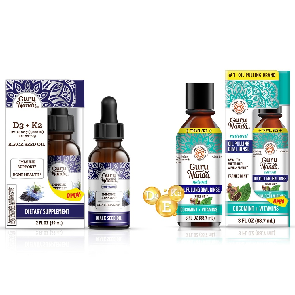 GuruNanda Olio di semi nero 5000 IU Vitamina D3, K2 & E + Olio di cocco che tira con oli essenziali Vitamina D3, E, K2 per il supporto immunitario, igiene orale