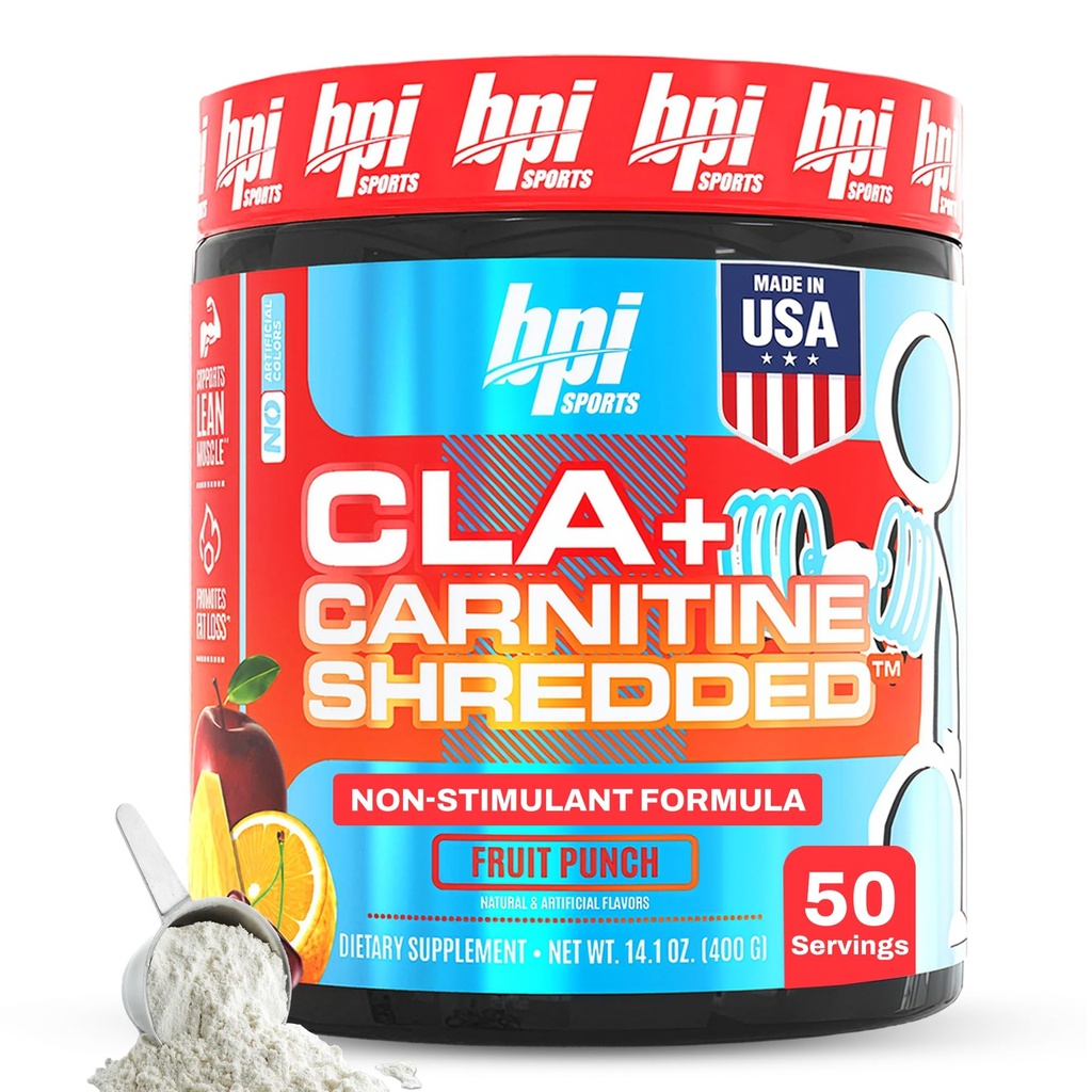 BPI Sports CLA + Carnitina Shredded - Convertire cellule grasse in energia e supporta il muscolo magro, aumentare il metabolismo - Supplemento L-carnitina non stimolante - Punch di frutta (14.1 oz. / 50 Serve)