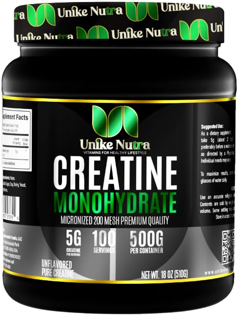 Pure Creatine Monohydrate Powder Supplement, Unflavored, Supporta Bulk Muscle Energy, Recovery, & Strength - Creatina Supplemento per Uomini & Donne - 500G, 5000mg Per Serv (5g) - 100 Serve