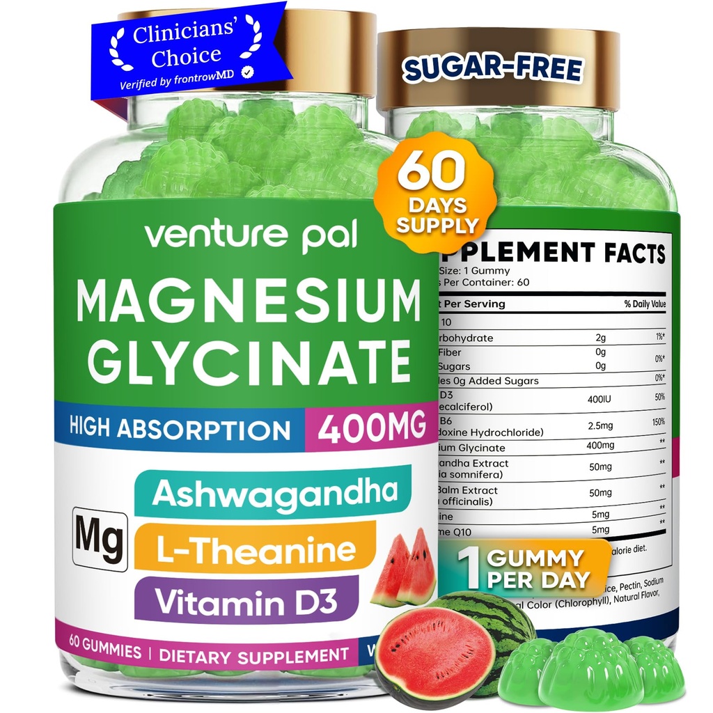 60 giorni di alimentazione Magnesio Glycinate 400mg Gummies con Ashwagandha, L-teanina, CoQ10, Vitamina D3 & B6, Zucchero gratis Magnesio Gummies per adulti e bambini, Rilievo di stress, Sonno & Calma, Vegan, Gluten Free