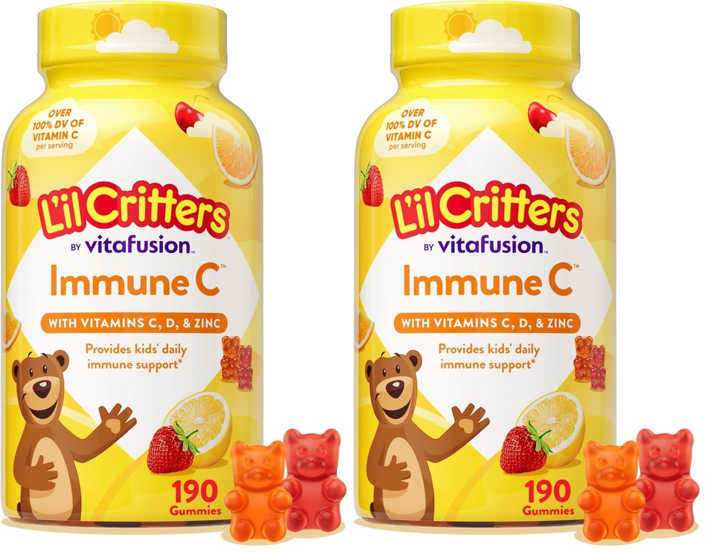 L’il Critters Immune C Daily Gummy Supplement Vitamina per bambini, per Vitamina C, D e Zinco per Supporto Immune, Arance, Limoni e Ciliegie, 190 Gummies (Pack of 2)