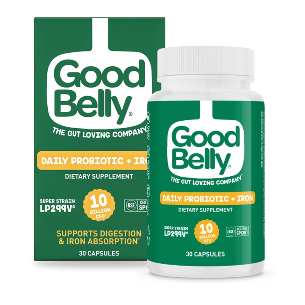 GoodBelly Probiotic Capsule per la salute digestiva e l'assorbimento di ferro | Vegan Probiotic Supplement con 10 miliardi di culture dal vivo | Probiotici per le donne e gli uomini | 30 capsule