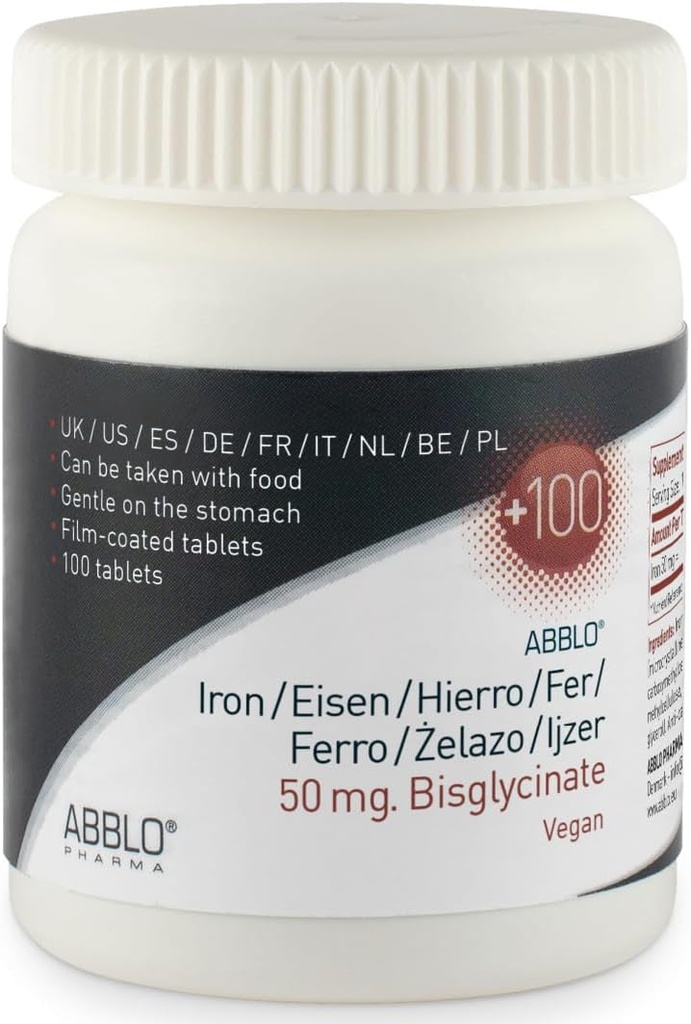 50 mg. Ferro BISGLYCINATE (100 unità) ABBLO è Gentle su Lo Stomach & può essere preso con il Cibo.