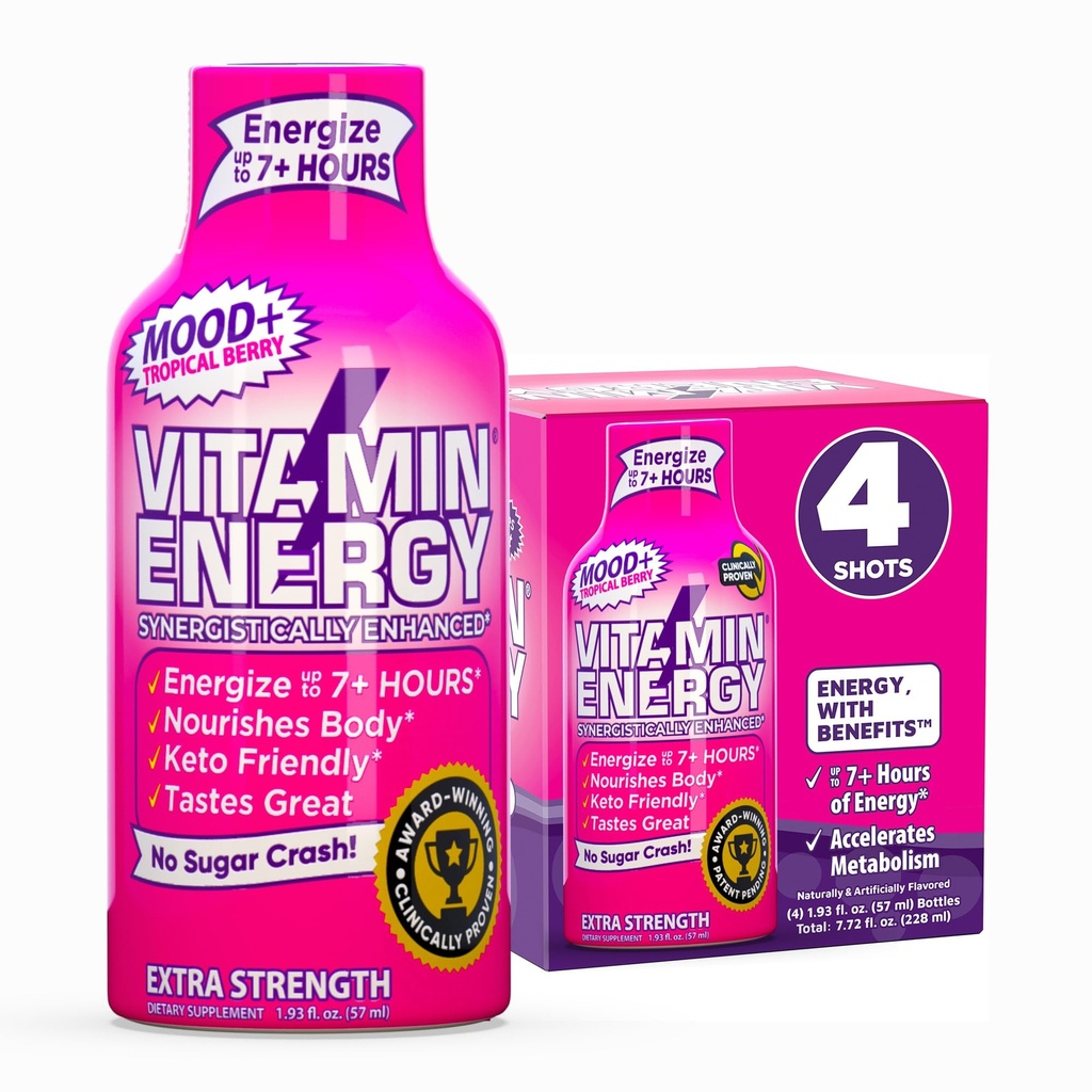 Vitamin Energy Mood+ Extra Strength Energy Shot Tropical Berry 4 Pack, 260mg Natural Caffeine, B-Vitamins, Rhodiola, Camomilla, Mood & Energy Support, Zero Sugar, Gluten-Free, Vegan, 1.93 fl oz
