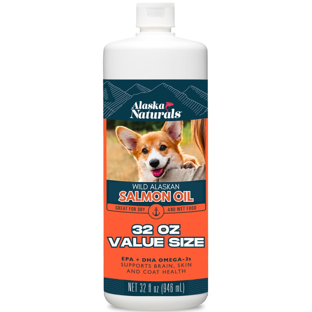 Alaska Naturals Wild Alaskan Salmon Fish Oil Supplemento per Cani Pelle e Cappotto con EPA DHA Omega 3 acidi grassi Liquid Food Topper 32 oz.