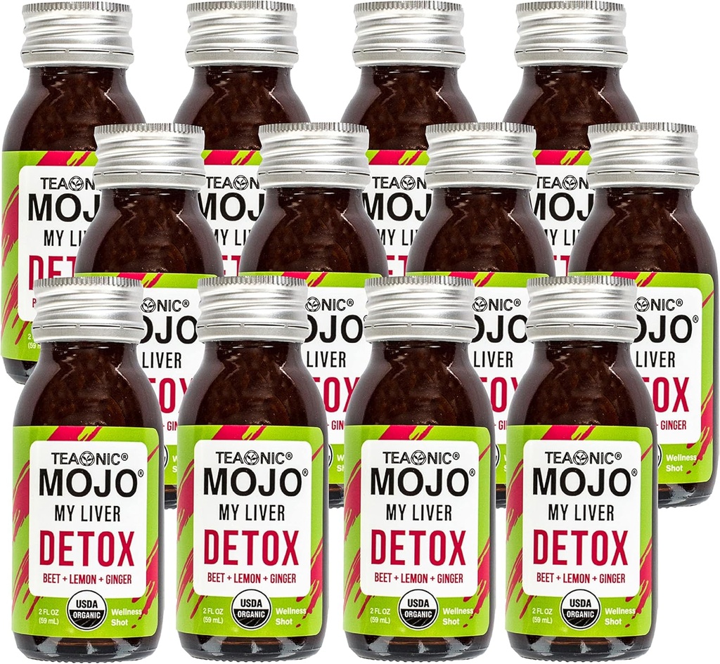 TEAONICO My Liver Mojo: Detox, Wellness Mojo Shots with Black Pepper, Beet, and Lemon Juice, USDA-Certified, Caffeina Free, Gluten-Free, 2 Fl. Oz Every, Confezione da 12