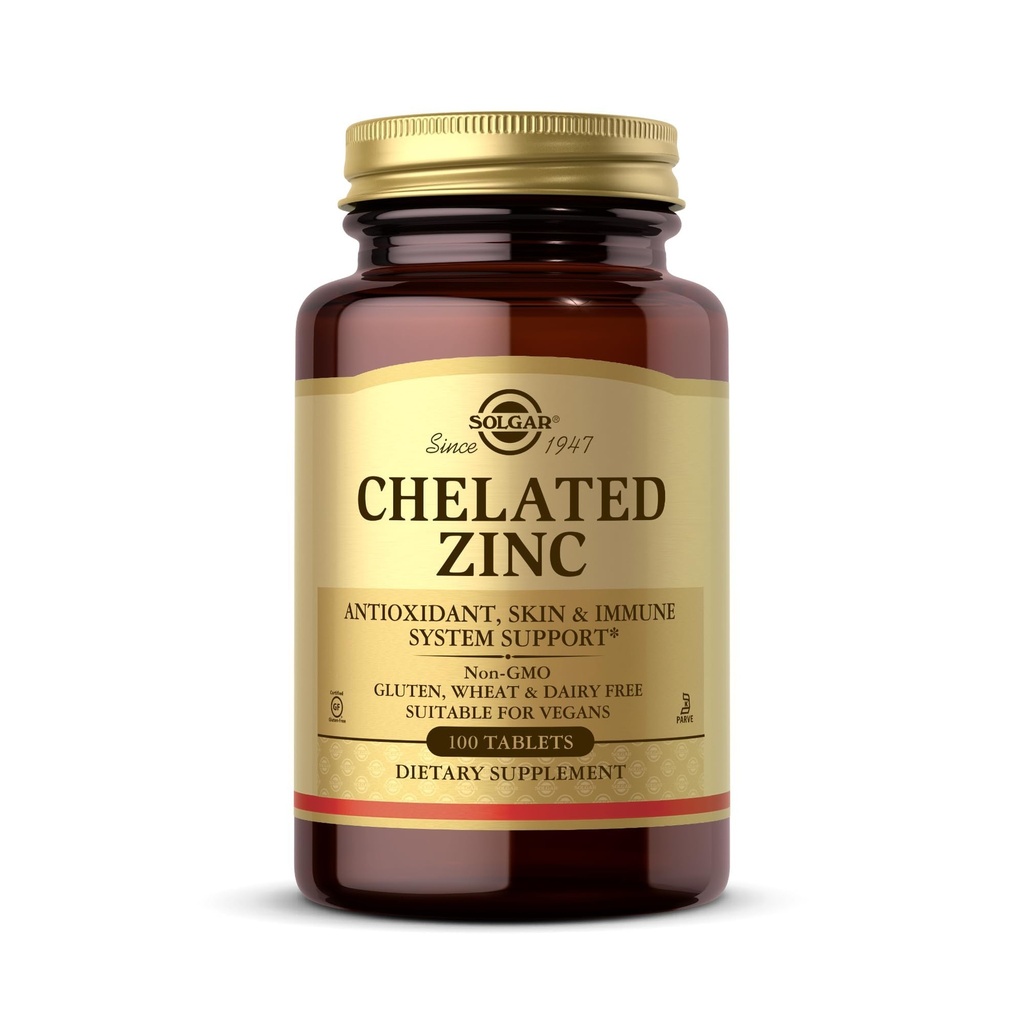 Solgar Chelated Zinc, 100 compresse - Zinco per la pelle sana - Supporta la crescita cellulare e la formazione del DNA - Estende attività antiossidante - Supporta un sistema immunitario sano - Non OGM, Gluten Free - 100 Serve