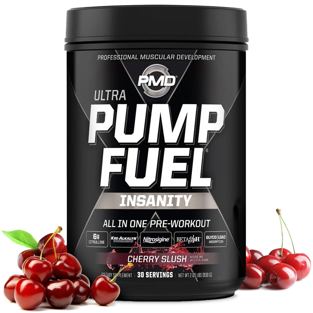 Pompa sportiva PMD Fuel Ultra Insanity - Premium Pre Workout Powder & Muscle Pump, Maggiore messa a fuoco, Endurance & Recovery, Creatina Premium, Arginine & Beta Alanine - Slush di ciliegia (30 Serve)