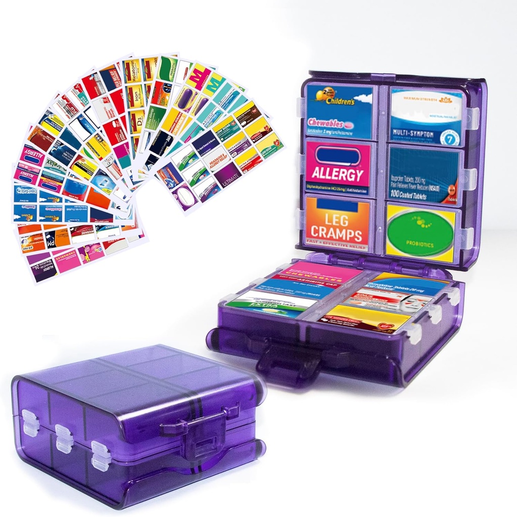 Grande organizzatore di pillole con etichette di medicina, Dispenser di pillole 12-Compartment caso di stoccaggio di farmaci da viaggio, 7-Giorni scatola di pillole per vitamine e integratori (Purple, 161 etichette)