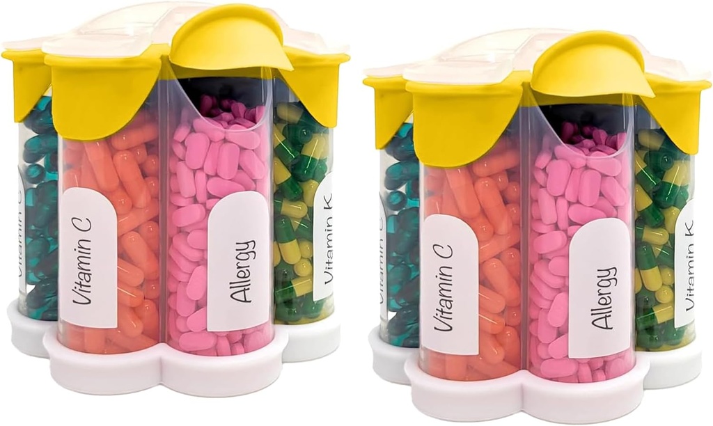 Extra Large Pill Organizer Daily, Weekly, Bottiglia di supplemento mensile, Erogatore di pillole carino Blossom con 7 XL Comparti (2 Pack Combo) (Pacchetto giallo 2)
