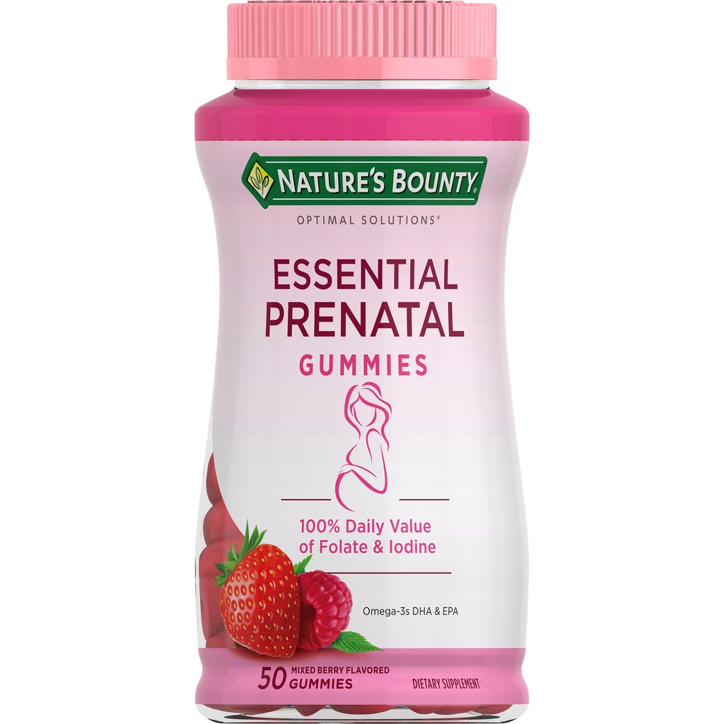Soluzioni ottimali della natura Gummie prenatali essenziali, acido folico e iodio, Omega 3 e DHA, 50 conte, 25 Total Servings