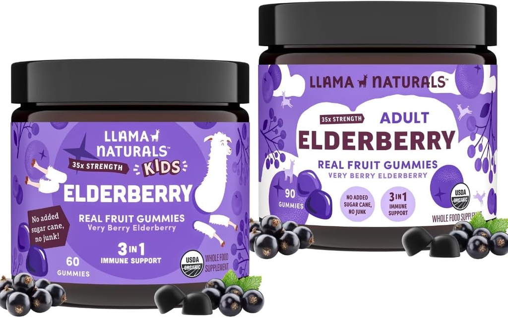 Llama Naturals Real Fruit Sambucus Elderberry Gummies for Kids & Adults | No Aggiunto Sugar Cane, Vegan, Organic Immune Support | Zinc & Natural Vitamin C | Plant-Based, Chewable Gummies for the Whole Fammies