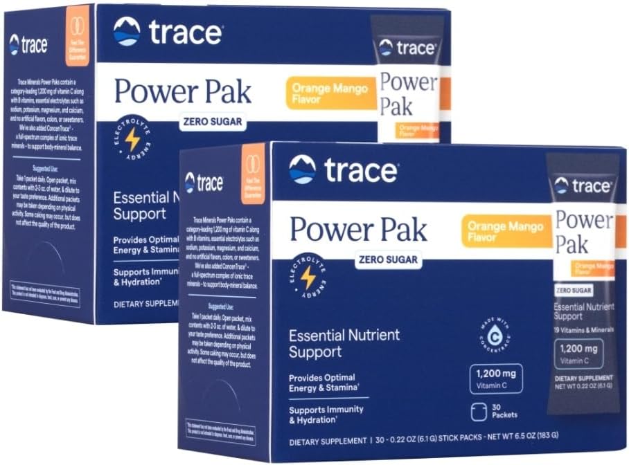 Trace Minerals Power Pak Multivitamin e Multimineral Packets - Electrolyte Support - 1200 mg Vitamina C plus 70+ Trace Minerals - Sugar Free - Arancione Mango Flavor - 60 Packets