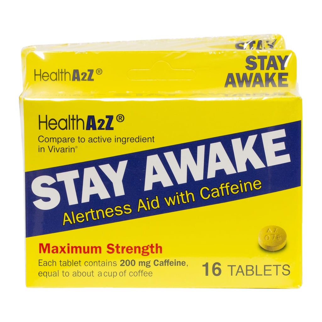 HealthA2Z® Stay Awake | 200 mg Caffeina | Alertness Aid with Caffeine | 3 Packs of 16 Tabelts (48 Compresse Totale) | Maxium Strength