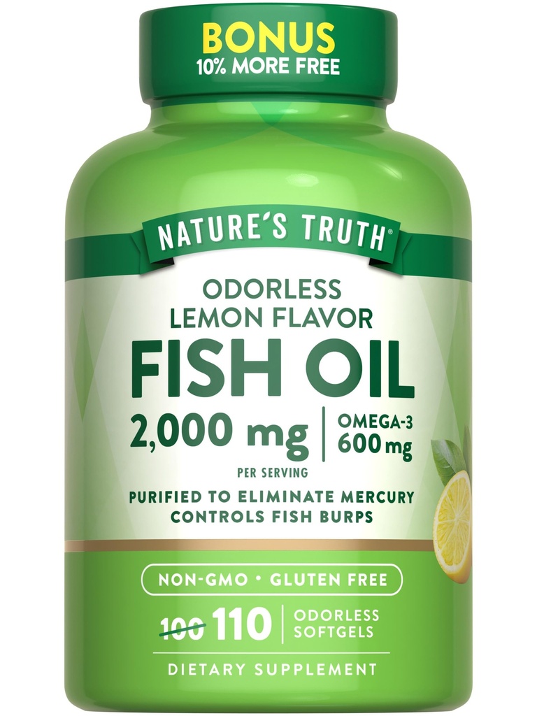 Nature's Truth Fish Oil 2000mg | 110 Softgels | Omega-3 | Lemon Flavor | Non-GMO & Gluten Supplemento gratuito