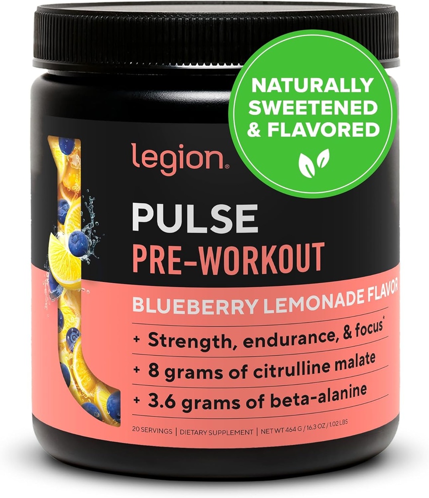 LEGION- Tutto naturale Nitric Oxide Preworkout Bere per aumentare l'energia, Creatina libero, naturalmente addolcito, Beta Alanine, Citrulline, Alpha GPC (Blueberry Lemonade)