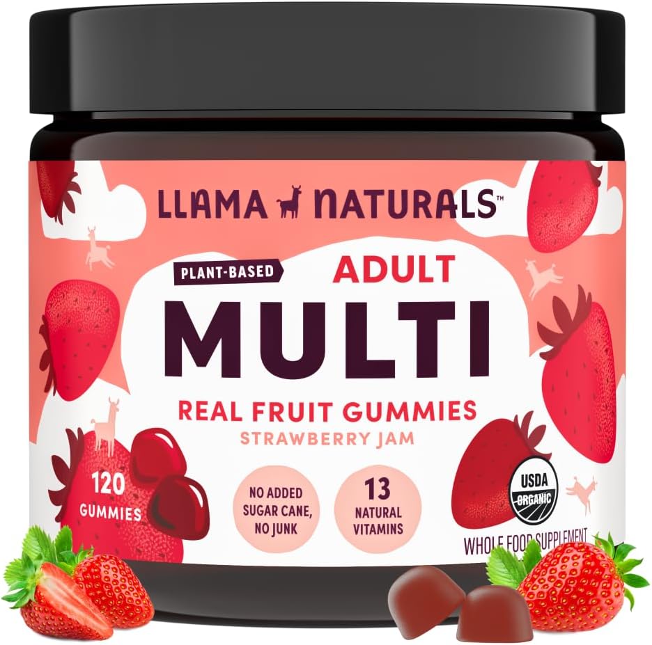 Llama Naturals Multivitamin per le donne e gli uomini, Vegan, Gummies organici con vitamina D, C & K, Adulti Vere Frutta Gummy Vitamine, Chewable Multivitamin Supplement, Non Aggiunto Zucchero Canna, Fragola, 120 Ct