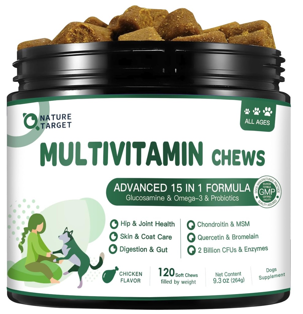 NATURE TARGET Multivitamina per cani - con MSM & Glucosamine, Omegas 3 & 6, Probiotici per la salute digestiva, Supporto congiunto, Pelle & Cappotto, Sistema immunitario & Salute complessiva 120 Cuciture Morbide