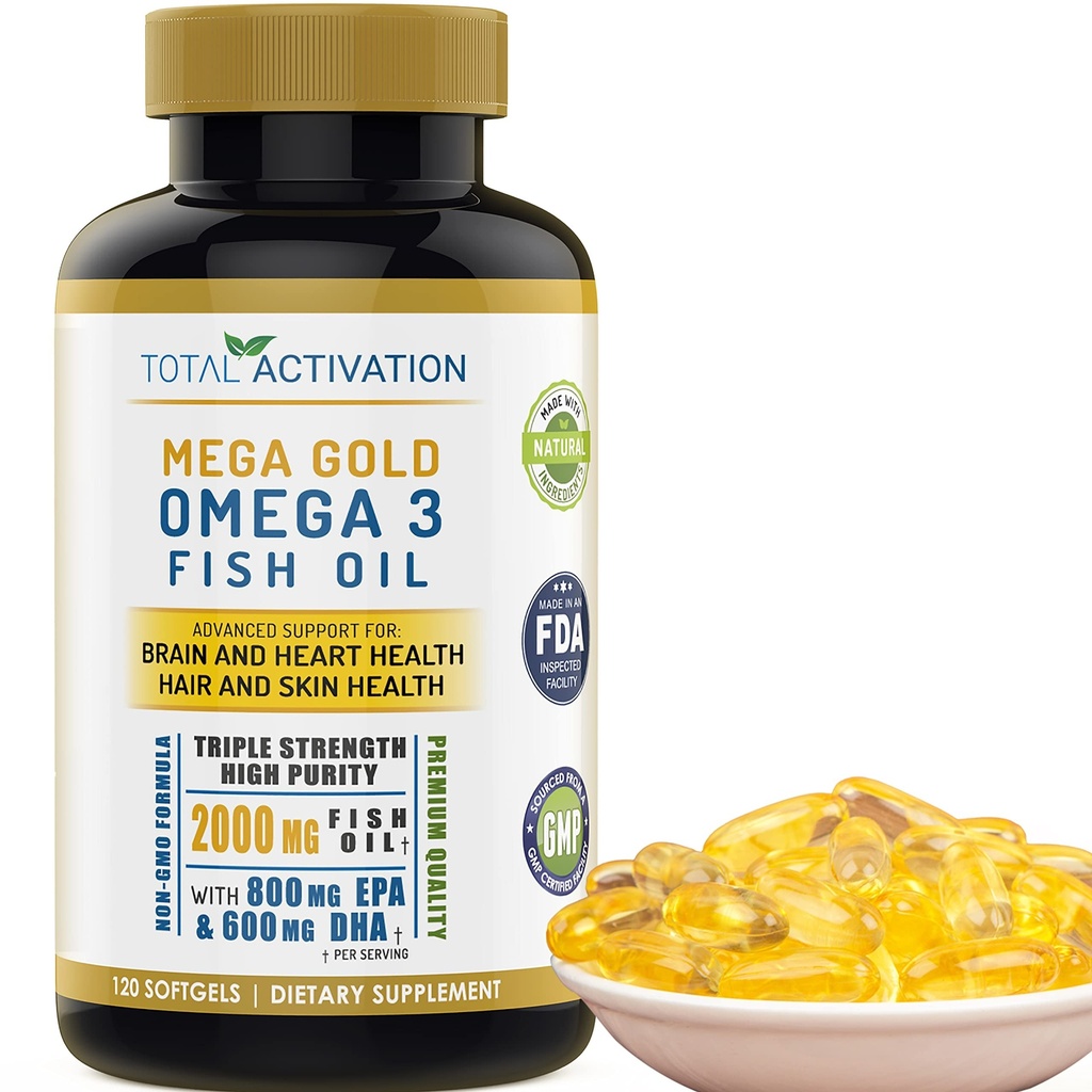 Omega 3 Fish Oil Supplement – 2000mg con EPA DHA & Vitamina E – Burpless, Triple Strength Support per gli uomini e le donne – 120 Easy Swallow Softgels