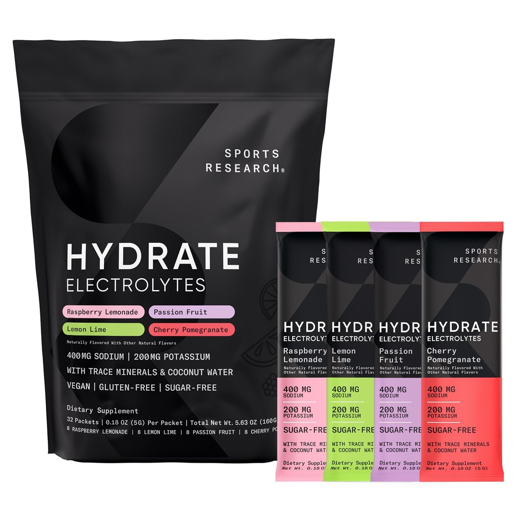Imballati in polvere per elettroliti Hydrate Sports Research® - senza zucchero e naturalmente aromatizzati con vitamine, minerali e acqua di cocco - supporta l'idratazione - 32 confezioni - Varietà