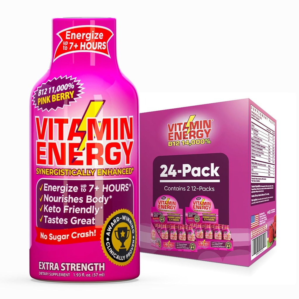 Vitamina Energy B12 11.000% Extra Strength Energy Shot Pink Berry 24 Pack, 260mg Natural Caffeine, B12 & B6, Nootropic Focus, Vitality, Zero Sugar, Gluten-Free, Vegan, Kosher, 1.93 fl oz
