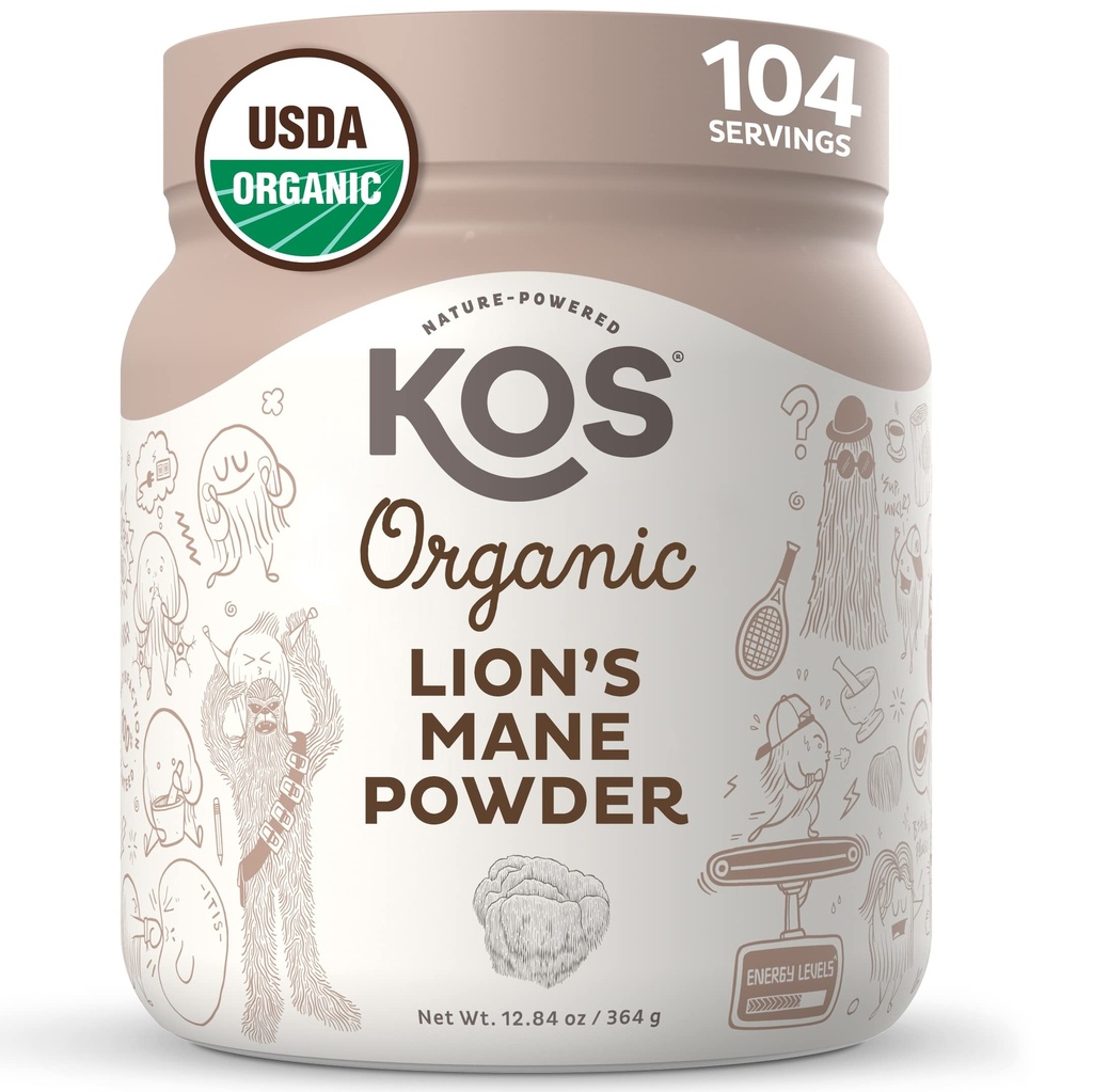 KOS Organic Lion's Mane Powder - Natural Nootropic Superfood - Vegan Functional Mushroom, Plant Based, Certificato USDA, Non OGM, Soy & Gluten-Free - 104 Servings