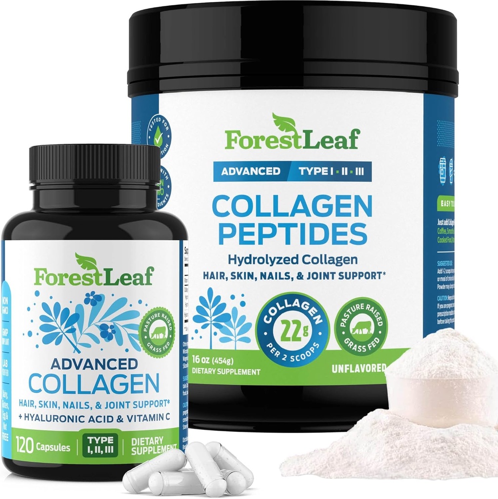 ForestLeaf Collagen Integratori Bundle - 2-in-1 Peptidi di collagene idrolizzati Polvere e pillole di collagene - Collage di bovini di erba per le donne e il collagene per gli uomini