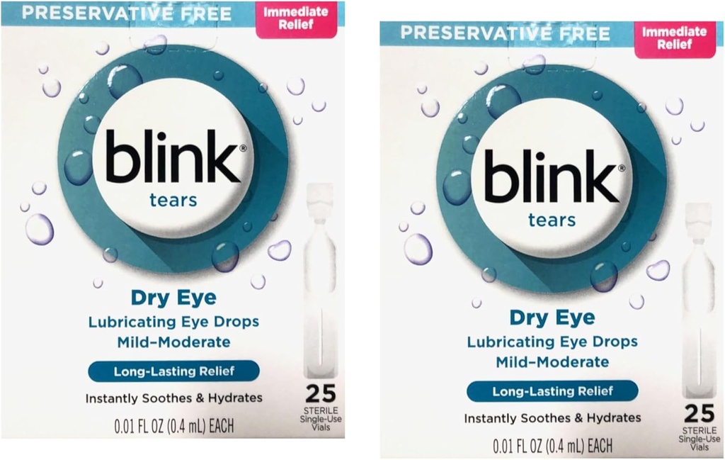 Blink Tears Preservative Gocce per occhi lubrificanti gratuite, Rilievo immediato e a lunga durata per gli occhi asciutti, 25 Vials sterili ad uso singolo, 0.01 FL OZ (0.4 mL) Ciascuno (pacchetto di 2)