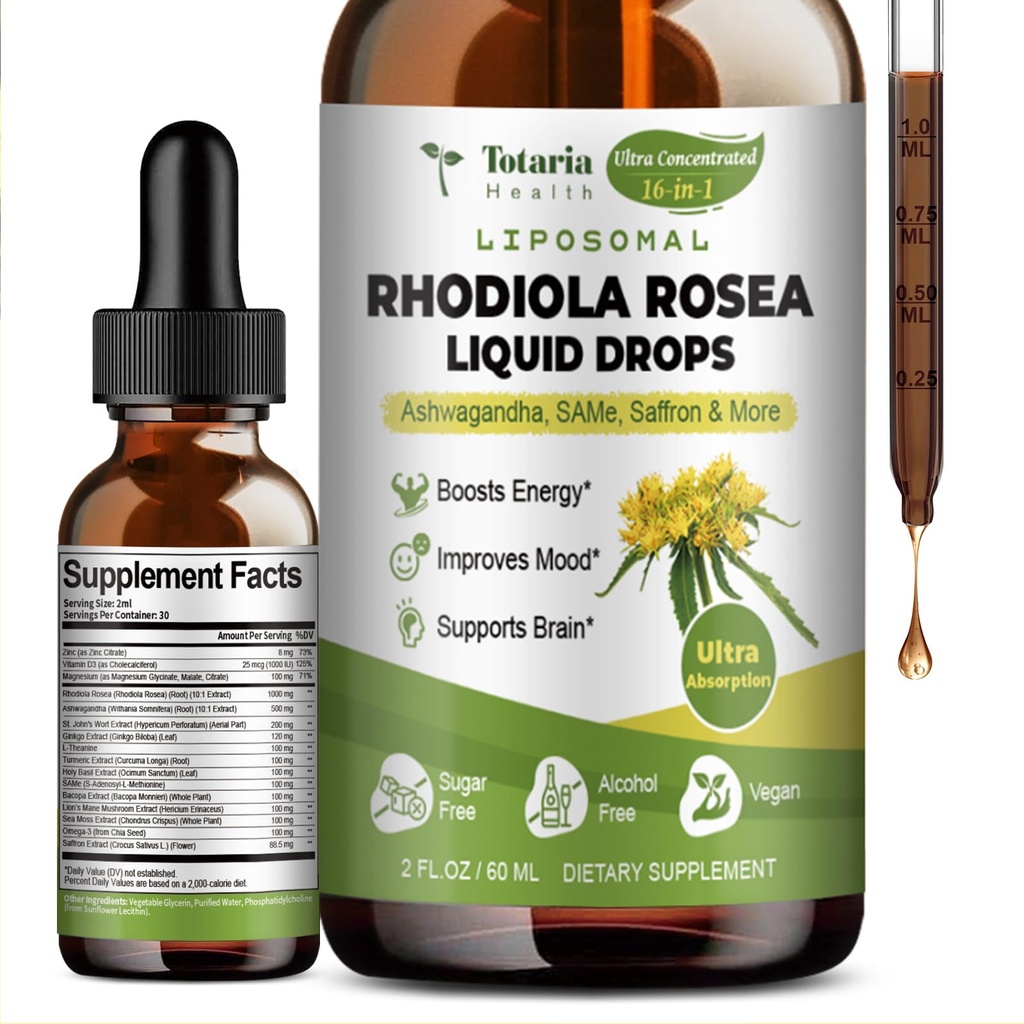 Totaria 16-in-1 Tintura di Rhodiola Liposomal Rosea, Integratore di Rhodiola ad ultra resistenza w/Ashwagandha, Zafferano, Magnesio, SAM-e, Rhodiola Rosea Extract Gocce liquide per il relax naturale, Mood, Energia