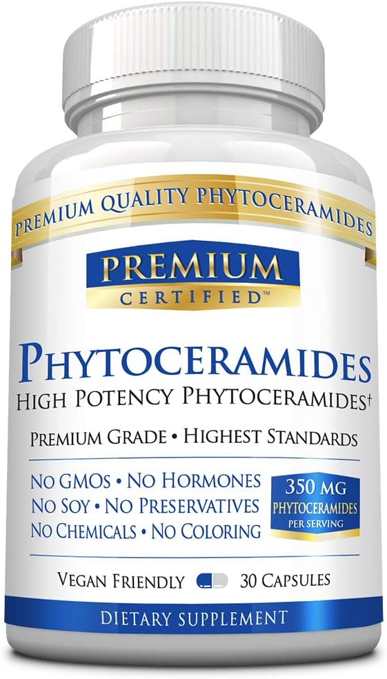Phytoceramides 350mg da 100% Wheat -Vitamin A, C, E e D3 - pelle di invecchiamento inversa, pelle di invecchiamento ricostituibile e naturale - 100% puro naturale - 30 capsule - Vegan Friendly