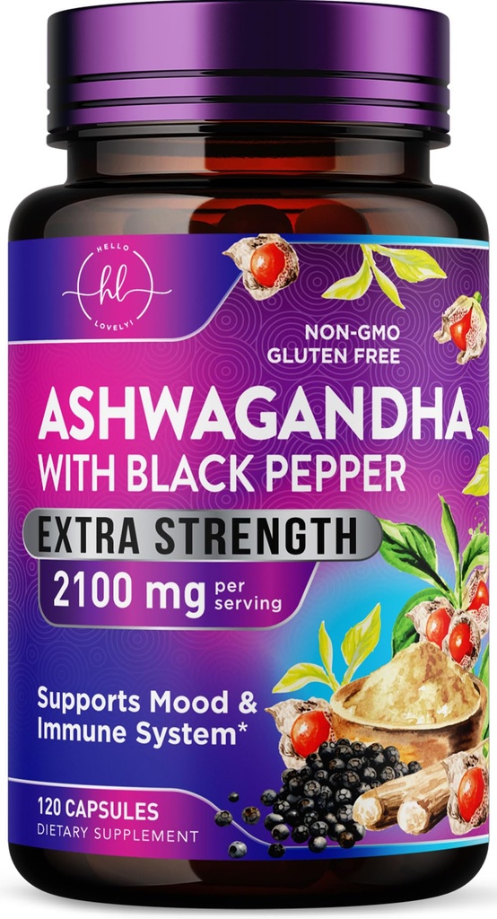 Ashwagandha 2,100 mg - Ashwagandha Supplementi per le donne in capsule vegetali con estratto di polvere e radice, pepe nero per alto assorbimento, pianta a base, non OGM, in bottiglia negli Stati Uniti - 120 capsule vegetali