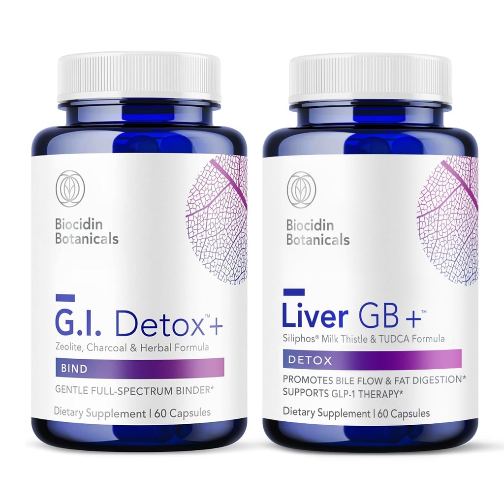 Biocidin G.I. Detox+ Gentle Binder & Liver GB+ Gallbladder Liver Support - Aiuta a ottimizzare la rimozione della tossina & Fat Digestion - Charcoal attivato, Zeolite, TUDCA & Bitter Herbs (2 Prodotti)