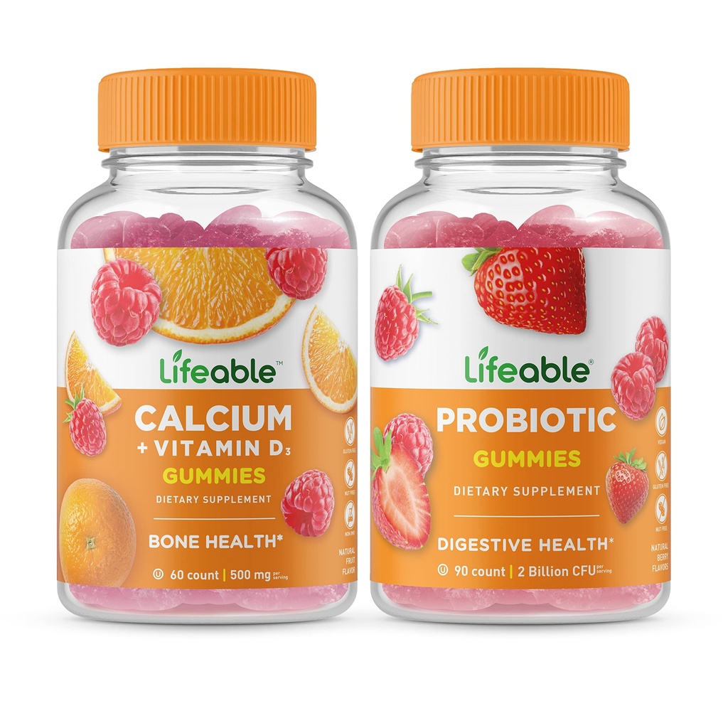 Calcio vitale con vitamina D + Probiotico 2 miliardi di CFU, Gummies Bundle - Grande degustazione, Integratore di vitamina, Senza glutine, OGM libero, Masticabile
